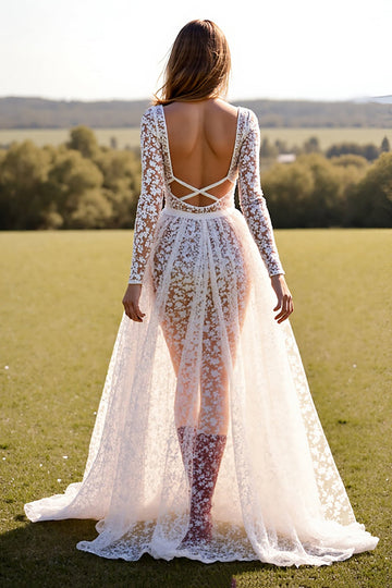 Lace White Corset Wedding Dress with Slit